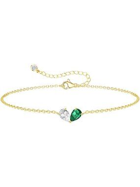 04-05 April&May Gold 2 Birthstone Heart Bracelet 14K Plated CZ